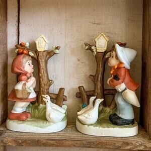 Vintage Taiwan Boy & Girl Figurine Set with Geese Farm Scene Porcelain 1980s
